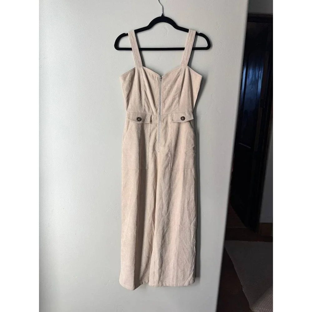 Nasty Gal Cream Corduroy Wide Leg Jumpsuit 4 Sweetheart Zip Y2K Cottagecore - Picture 2 of 7